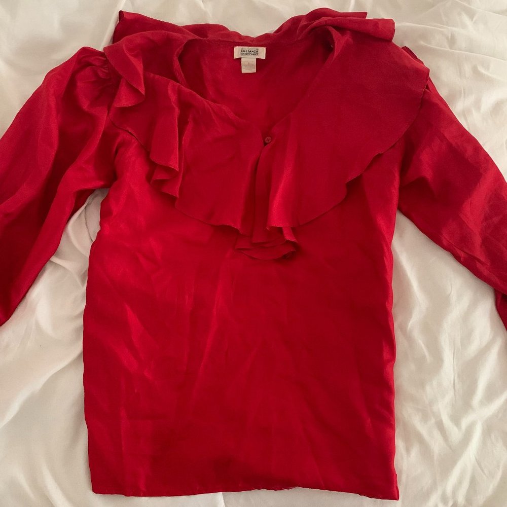 Vintage Red 100% Silk Ruffle Top